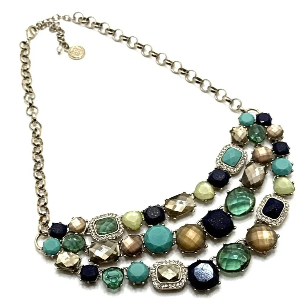 DANA BUCHMAN Teal Blue Beige Rhinestone Bib Necklace Multistrand 16